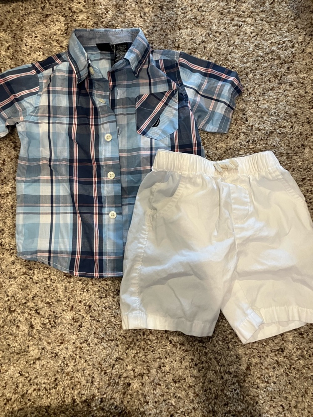 Nautica Blue Plaid Button-Up Shirt with White Shorts Set - Size 24 months